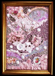 made of crocery, glass beads, mirror